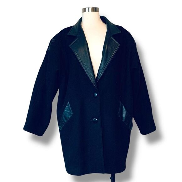 Vintage Black 80s Wool Leather Patch Bomber Western Coat Medium Large - Picture 2 of 8